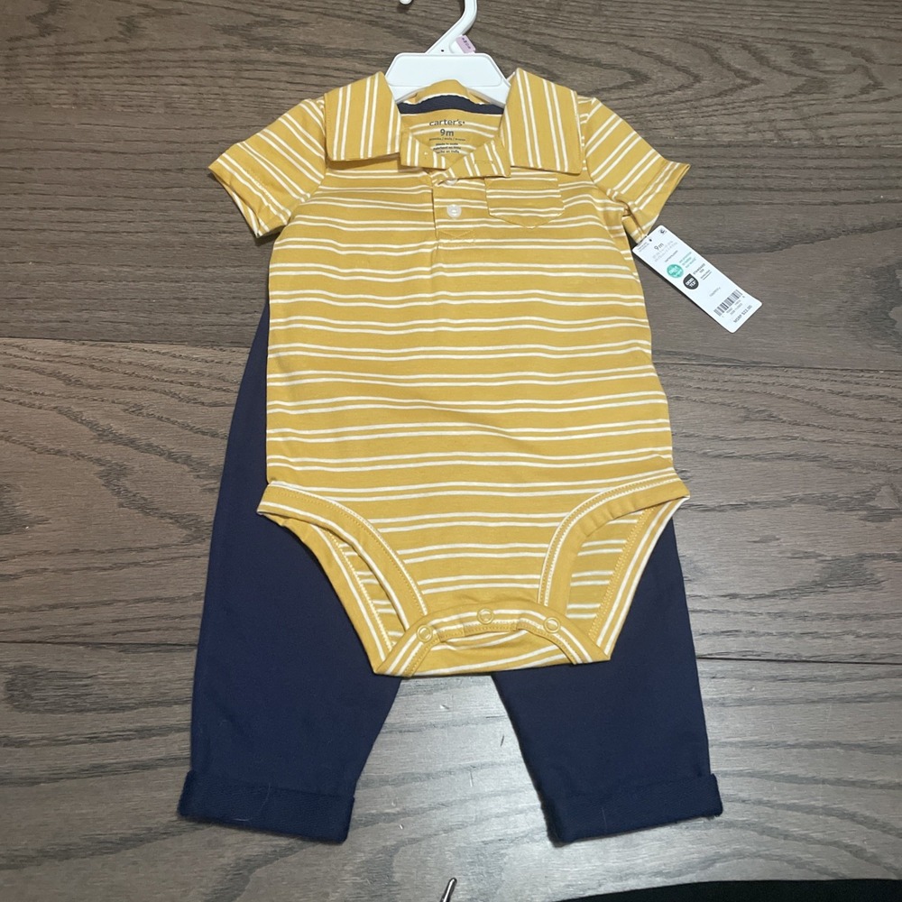 NWT Boys Carters 9 Month 2 Piece Outfit Yellow White Stripes Blue Cuff‎ Pants